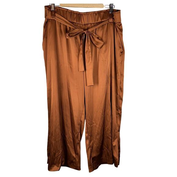 Joie Pants - Joie Womens Wide Leg Cropped Belted Pants Size XL Terracotta Satin Pockets